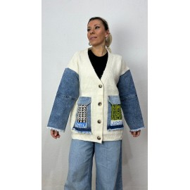 Nunu By Denim Detaylı Kemik Oversize Hırka