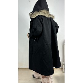 NuNu By Noir Siyah Tüylü Kapüşonlu Oversize Gabardin Mont