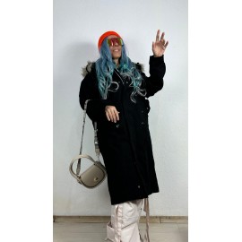 NuNu By Noir Siyah Tüylü Kapüşonlu Oversize Gabardin Mont