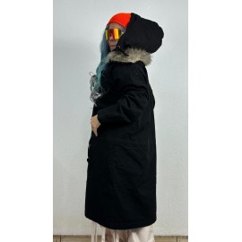 NuNu By Noir Siyah Tüylü Kapüşonlu Oversize Gabardin Mont