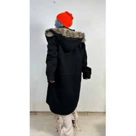 NuNu By Noir Siyah Tüylü Kapüşonlu Oversize Gabardin Mont