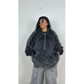 Oversize Füme Peluş Kürk Mont