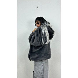 Oversize Füme Peluş Kürk Mont