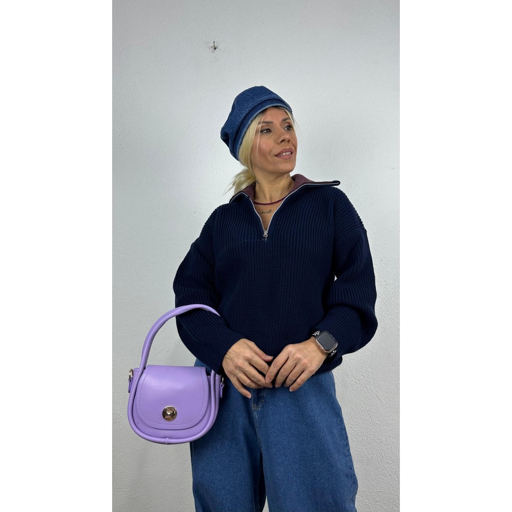 Nunu By Cosy Comfort Lacivert-Mor Polo Yaka Fermuarlı Kazak