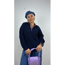 Nunu By Cosy Comfort Lacivert-Mor Polo Yaka Fermuarlı Kazak